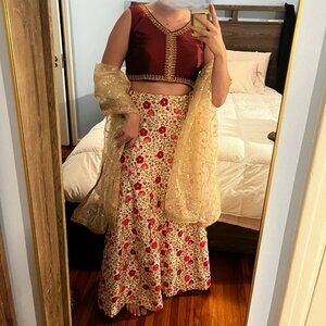 Gold and Red Embroidered Lehenga with Blouse (M)